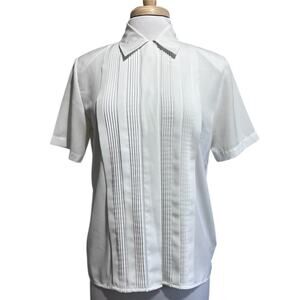 Vtg Christie & Jill Womens Sz 4 Blouse White Pleated Short Sleeve Button Up